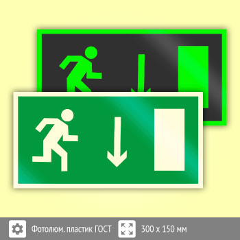 Знак E09 «Указатель двери эвакуационного выхода (правосторонний)» (фотолюминесцентный пластик ГОСТ Р 12.2.143–2009, 300х150 мм)